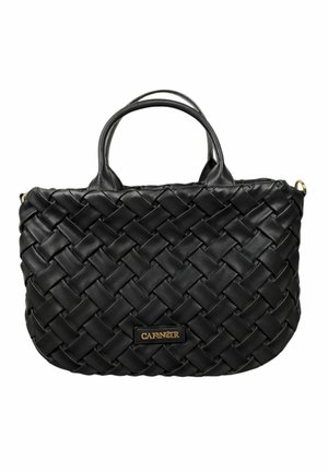 Borsa a mano in pelle nera intrecciata con due manici e targhetta logo "CAFÈNOIR" dorata sul davanti.