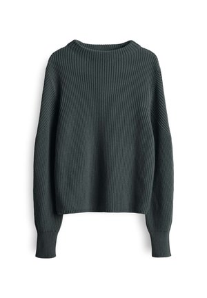 Pull en maille gris foncé à manches longues et col rond, présenté sur un fond blanc.