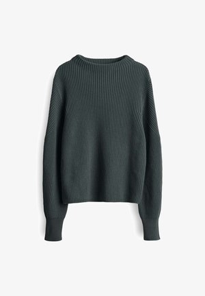 Dark gray knit sweater with long sleeves and crew neck, displayed against white background.