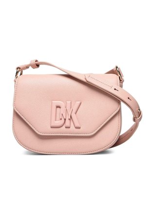 Pink faux leather crossbody bag with a raised "DK" logo, flap closure, and an adjustable strap featuring punched holes.