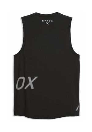 Czarna sportowa koszulka bez rękawów z logo "HYROX" i Puma w pobliżu górnej części oraz częściowym dużym tekstem "OX" po lewej dolnej stronie.