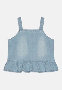 Ljust blå denimtopp med tunna axelband, volangkant och avslappnad passform. Slät textur med en blekt tvätteffekt och enkel design.