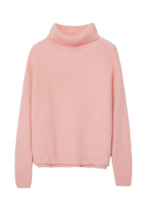 Pull en maille rose clair à col montant, avec des manches longues et des bords côtelés, présenté sur un fond blanc uni.