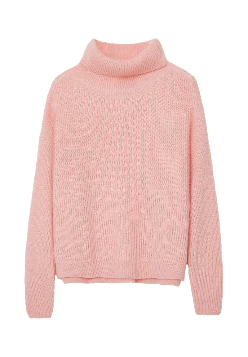 Helle rosa gestrickter Rollkragenpullover mit langen Ärmeln und gerippten Bündchen sowie Saum, auf einem schlichten weißen Hintergrund präsentiert.