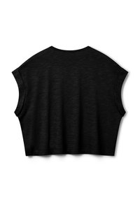 Černé zkrácené tričko s volným střihem, krátkými rukávy a hladkou texturou. Má kulatý výstřih a minimalistický design.