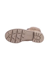 Bottine beige avec tissu texturé, semelle en caoutchouc et motif de profil prononcé pour l'adhérence. Présente des coutures et une doublure douce.