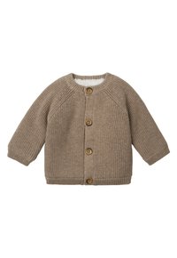 Beżowy sweter z dzianiny o okrągłym dekolcie, z drewnianymi guzikami i ściągaczami przy mankietach. Miękka podszewka i prosty krój.
