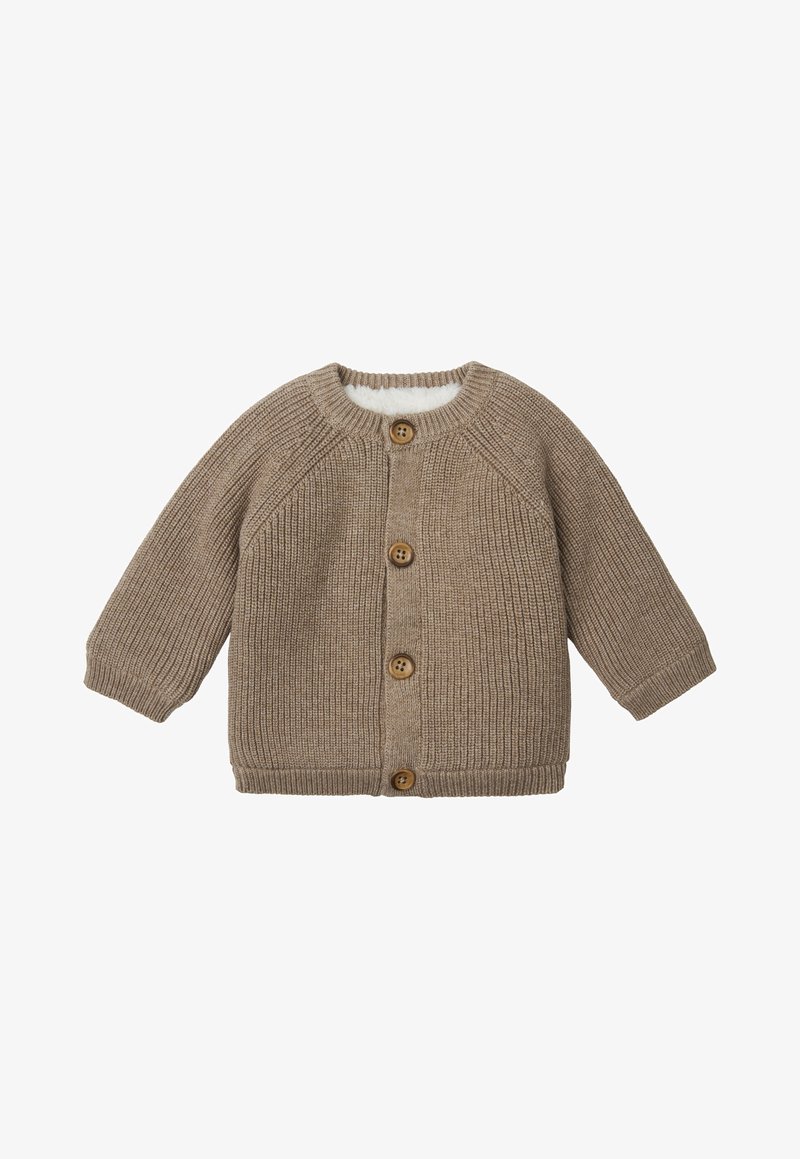 Beige gestrickte Strickjacke mit rundem Ausschnitt, ausgestattet mit Holzknöpfen und gerippten Bündchen. Weiche Innenauskleidung und lässige Form.