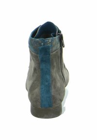 Gray suede ankle boots with a teal accent stripe, side zipper, and textured upper. Smooth sole and rounded toe design.