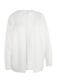 Cardigan alb tricotat, cu un design din împletituri, deschis în față și croială lejeră. Detalii din tricot la manșete și la tiv, fabricat din fire moi.