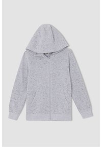 Sweat à capuche gris zippé avec un tissu texturé et léger. Comprend une grande capuche et deux poches frontales. Poignets et ourlet côtelés.