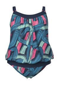 Maillot de bain deux-pièces pour femmes avec motif abstrait en coups de pinceau bleu marine, rose et vert clair, et bretelles ajustables.