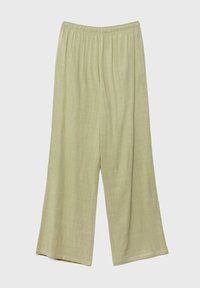 Lichtbeige, wijde broek met elastische tailleband, gemaakt van een zachte, lichte stof, gepresenteerd tegen een witte achtergrond.