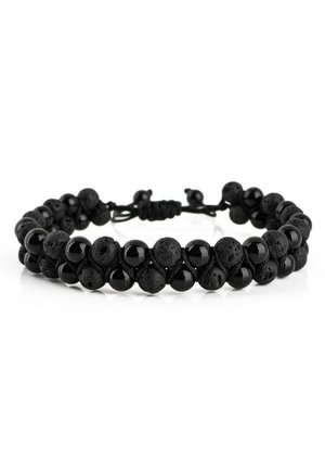 Schwarzes Perlenarmband mit einer Mischung aus glatten, glänzenden schwarzen Steinen und strukturierten Vulkangestein-Perlen, gesichert mit einem verstellbaren schwarzen Kordel.