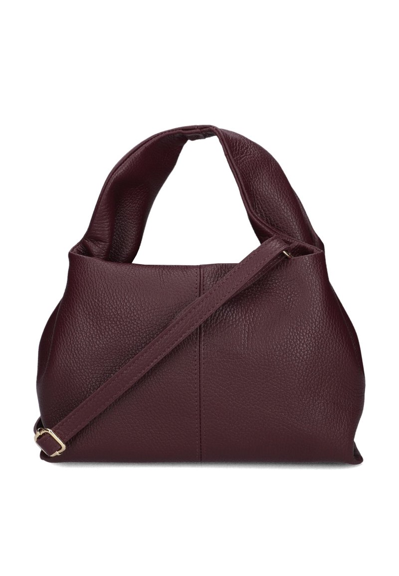 Bordeaux lederen handtas met een gestructureerde afwerking, voorzien van een grote bovenhandgreep en een afneembare schouderriem voor veelzijdige draagmogelijkheden.