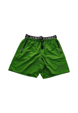 Costume da bagno verde brillante con fascia elastica nera con scritta ICEBERG e tasche laterali con zip, anch’esso marchiato con logo ICEBERG Milano Italia.