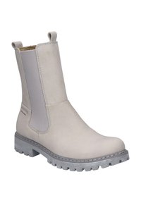 Hellgraue Knöchelstiefel aus strukturiertem Leder mit elastischen Seitenpaneelen und einer stabilen Gummisohle. Mit dekorativer Naht und Ziehhilfen.