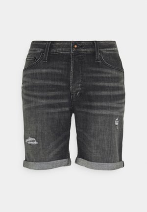 Schwarze Jeansshorts mit umgeschlagenen Säumen, Fronttaschen und kleinen abgenutzten Details an linken und rechten Beinen.
