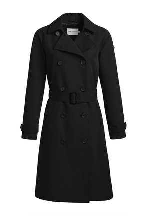 Trenci negru cu două rânduri de nasturi, cu guler larg, curea în talie, manșete cu nasturi și tiv până la genunchi.