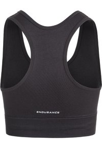 Zwarte sportieve crop top met een racerback ontwerp, een gladde textuur en een witte "ENDURANCE" logo op de band. Geschikt voor sportkleding.
