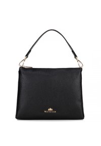 Borsa a tracolla in pelle nera con una texture a grana, hardware dorato e una maniglia corta. Presenta il logo del marchio impresso sul davanti.
