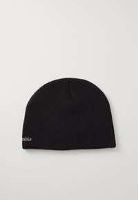 Czarny wełniany beret z prążkowanym wzorem. Posiada małe, wyszywane logo "Columbia" blisko dolnej krawędzi.