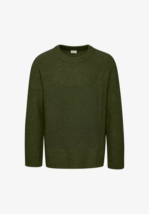 Olivgrüner, gestrickter Pullover mit gerippter Struktur, Rundhalsausschnitt und langen Ärmeln; hat ein einfarbiges Muster und eine lockere Passform.