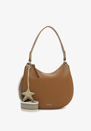 Sac à bandoulière en cuir brun texturé avec un pendentif en forme d'étoile beige et une sangle en tissu rayé amovible aux tons beige et gris.