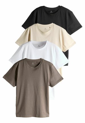 Fire unisex t-shirts i sort, beige, hvid og brun. Hver har en rund halsudskæring og korte ermer, lavet af blødt bomuldsstof.