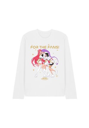 White long-sleeve shirt with an illustration of three women in white outfits hugging and the text "FOR THE FANS!" above them.