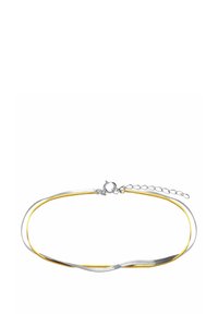 Metalen ketting met zilveren en goudkleurige gedraaide schakels, voorzien van een karabijnsluiting en een verstelbare ketting voor het aanpassen van de lengte.