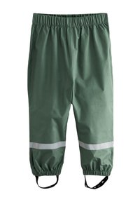 Pantaloni impermeabili verzi cu talie elastică, dungi reflectorizante, manșete adunate și bucle ajustabile pentru fixare sigură. Confecționați dintr-un material durabil.