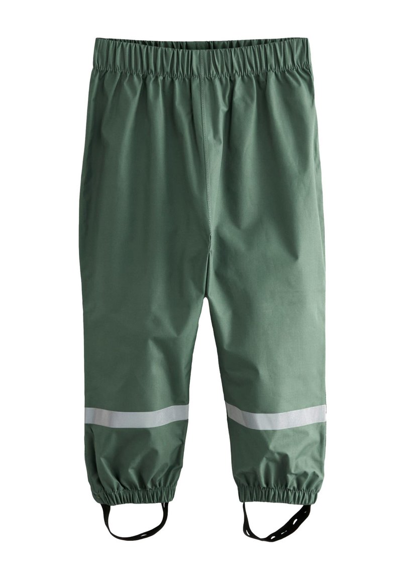 Pantaloni impermeabili verzi cu talie elastică, dungi reflectorizante, manșete adunate și bucle ajustabile pentru fixare sigură. Confecționați dintr-un material durabil.