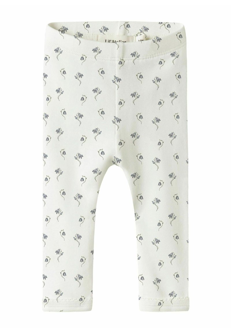 Witte legging met een bloemenpatroon in grijs. Gemaakt van zacht materiaal, met een comfortabele tailleband en enkelsluitingen.
