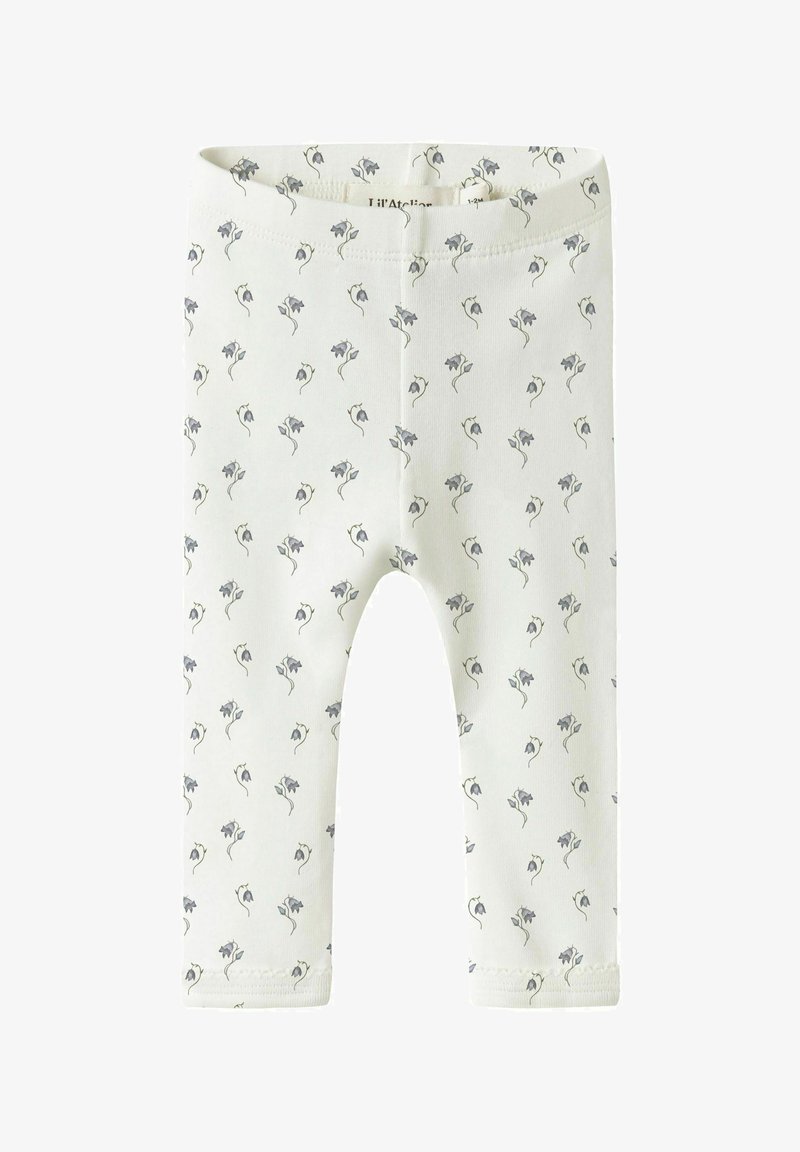 Witte legging met een bloemenpatroon in grijs. Gemaakt van zacht materiaal, met een comfortabele tailleband en enkelsluitingen.