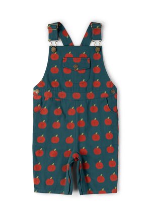 Teal children's short overalls with adjustable straps, front pocket, side buttons, and red apple print pattern.