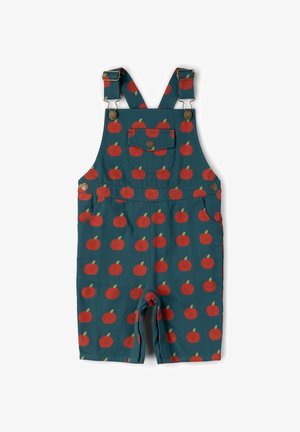 Teal children's short overalls with adjustable straps, front pocket, side buttons, and red apple print pattern.