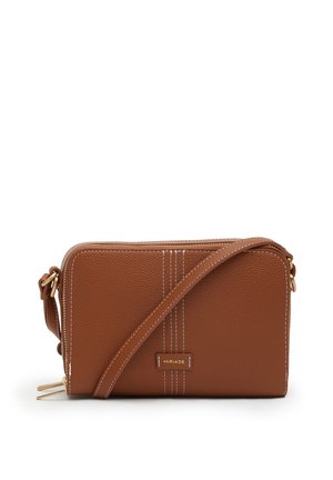 Borsa a tracolla in pelle marrone con cuciture bianche, tiretti dorati e tracolla regolabile, con marchio "MIRIADE" al centro davanti.