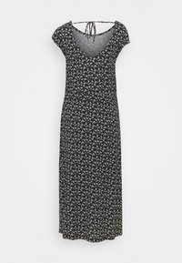 Robe maxi noire à fleurs avec des manches courtes, décolleté en V et détail à nouer au dos. Présente un délicat motif floral blanc sur l'ensemble.