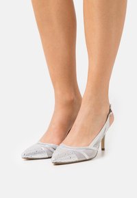 Silver slingback-klackar med spetsig tå, nätdekor och prydnad av kristaller. Den smala höga klacken ger elegans åt designen.