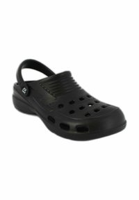 Black molded clog with ventilation holes, back strap, textured upper, and flat sole. Made of lightweight plastic material.