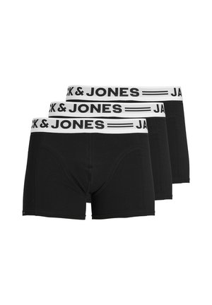 Trois boxers noirs pour hommes avec des ceintures élastiques blanches avec la marque noire "JACK & JONES".