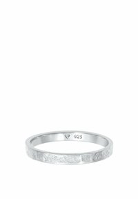 Silver ring with a textured band, featuring a polished inner surface. Marked with "925" for sterling silver authenticity.