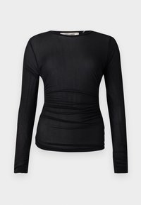 Juodas ilgomis rankovėmis viršus, pagamintas iš permatomo, elastingo audinio. Papuoštas susiraukšlėjimu iš šonų ir turi apvalų iškirpimą.