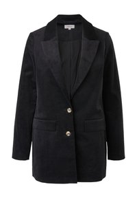 Blazer en velours noir avec revers crantés, deux boutons devant et poches à rabat, conçu pour une tenue formelle ou semi-formelle féminine.