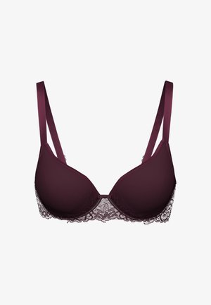 Soutien-gorge rembourré bordeaux avec une dentelle le long du bas. Coques en tissu lisse et bretelles en satin réglables, avec un petit nœud central en détail.