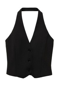 Sort, ærmeløs vest med halterneck-design, der har fem knapper foran, glat stof og en figursyet silhuet.