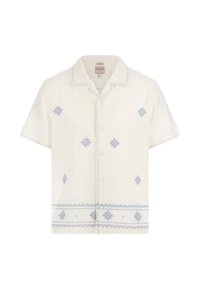 Short-sleeve white shirt with blue embroidery. Features a collared neckline and buttons, textured fabric, and decorative patterns on front and hem.