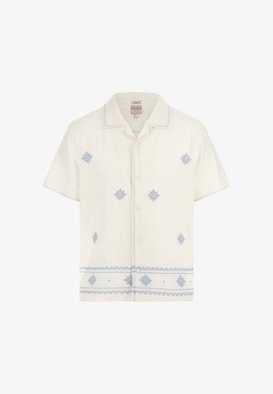 Kurzärmliges weißes Hemd mit blauer Stickerei. Verfügt über einen Kragen, Knöpfe, strukturierte Stoffqualität und dekorative Muster vorne und am Saum.