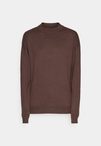 Brązowy sweter z długim rękawem, z wysokim ściągaczem i ściągaczem u dołu. Wykonany z miękkiego materiału dzianinowego; minimalistyczny design bez wzorów.